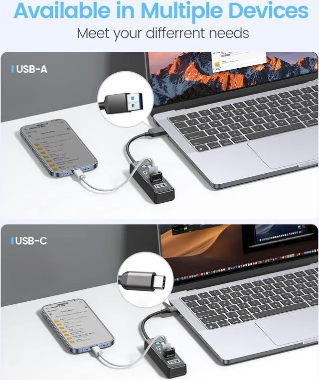 Alt view image 5 of 7 - ORICO USB C Hub 4 Ports USB 3.1 Type C to USB 3.0 Hub Adapter, USB Splitter for Laptop, Mobile Phone, Tablet with 0.5ft Cable, Compatible with Mac OS 10.X and Above, Linux, Android-Black