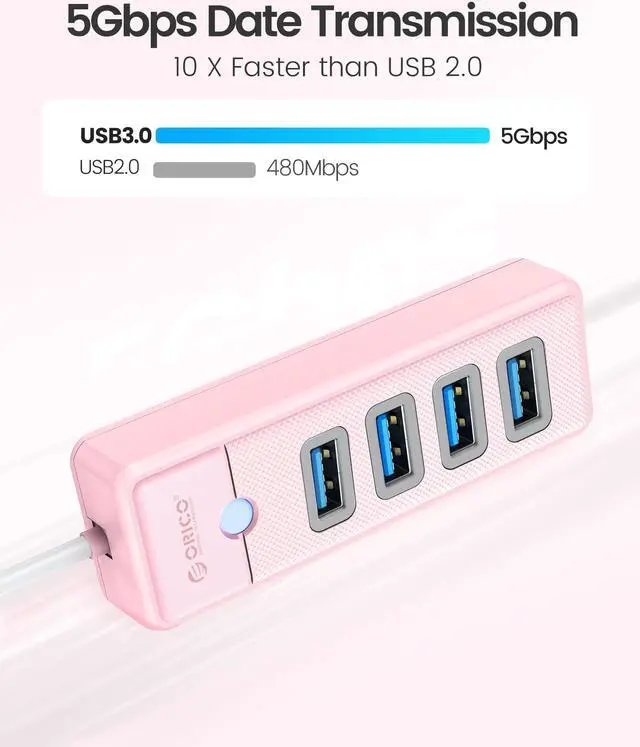 Alt view image 3 of 7 - 4-Port USB HUB 3.0, ORICO USB Splitter for Laptop with 0.5ft Cable, Multi USB Port Expander, Fast Data Transfer Compatible with Mac OS 10.X and Above, Linux, Android-Pink