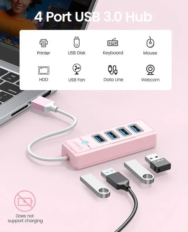Alt view image 2 of 7 - 4-Port USB HUB 3.0, ORICO USB Splitter for Laptop with 0.5ft Cable, Multi USB Port Expander, Fast Data Transfer Compatible with Mac OS 10.X and Above, Linux, Android-Pink