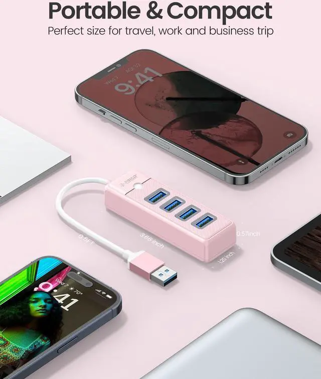 Alt view image 6 of 7 - 4-Port USB HUB 3.0, ORICO USB Splitter for Laptop with 0.5ft Cable, Multi USB Port Expander, Fast Data Transfer Compatible with Mac OS 10.X and Above, Linux, Android-Pink