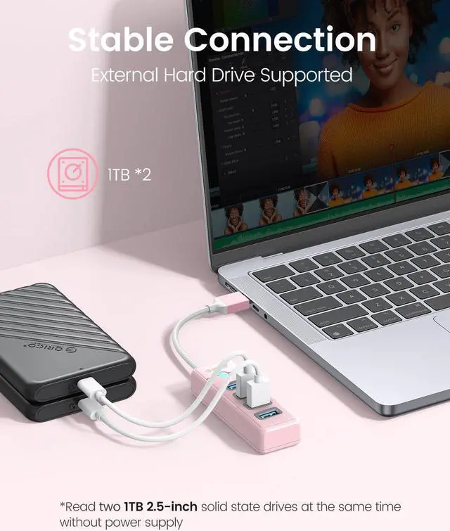 Alt view image 4 of 7 - 4-Port USB HUB 3.0, ORICO USB Splitter for Laptop with 0.5ft Cable, Multi USB Port Expander, Fast Data Transfer Compatible with Mac OS 10.X and Above, Linux, Android-Pink