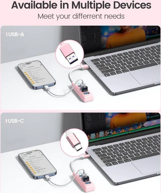 Alt view image 7 of 7 - 4-Port USB HUB 3.0, ORICO USB Splitter for Laptop with 0.5ft Cable, Multi USB Port Expander, Fast Data Transfer Compatible with Mac OS 10.X and Above, Linux, Android-Pink