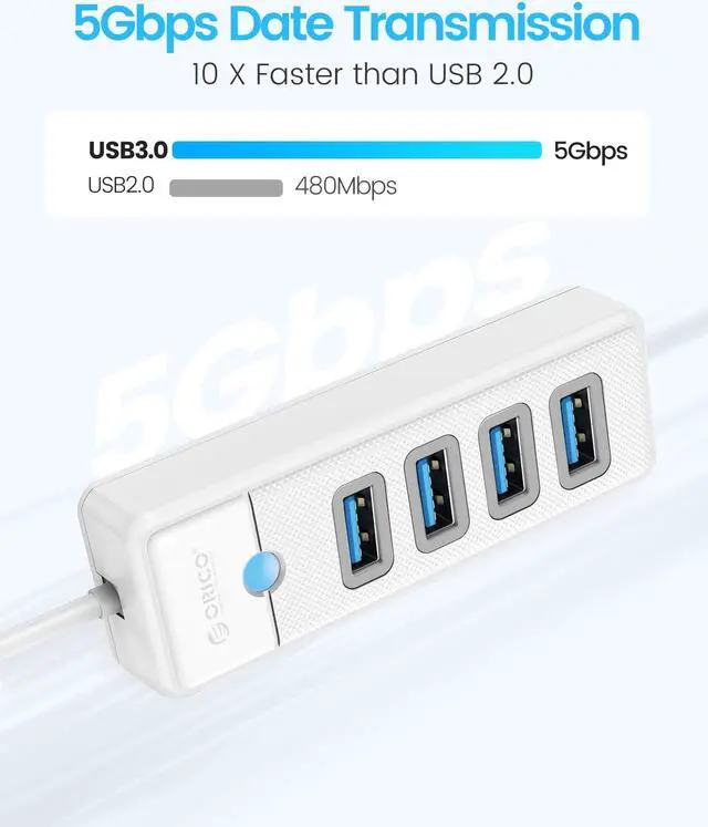 Alt view image 3 of 7 - 4-Port USB HUB 3.0, ORICO USB Splitter for Laptop with 0.5ft Cable, Multi USB Port Expander, Fast Data Transfer Compatible with Mac OS 10.X and Above, Linux, Android-White