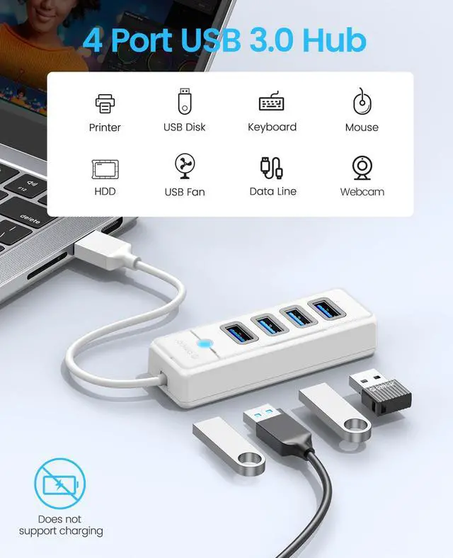Alt view image 2 of 7 - 4-Port USB HUB 3.0, ORICO USB Splitter for Laptop with 0.5ft Cable, Multi USB Port Expander, Fast Data Transfer Compatible with Mac OS 10.X and Above, Linux, Android-White
