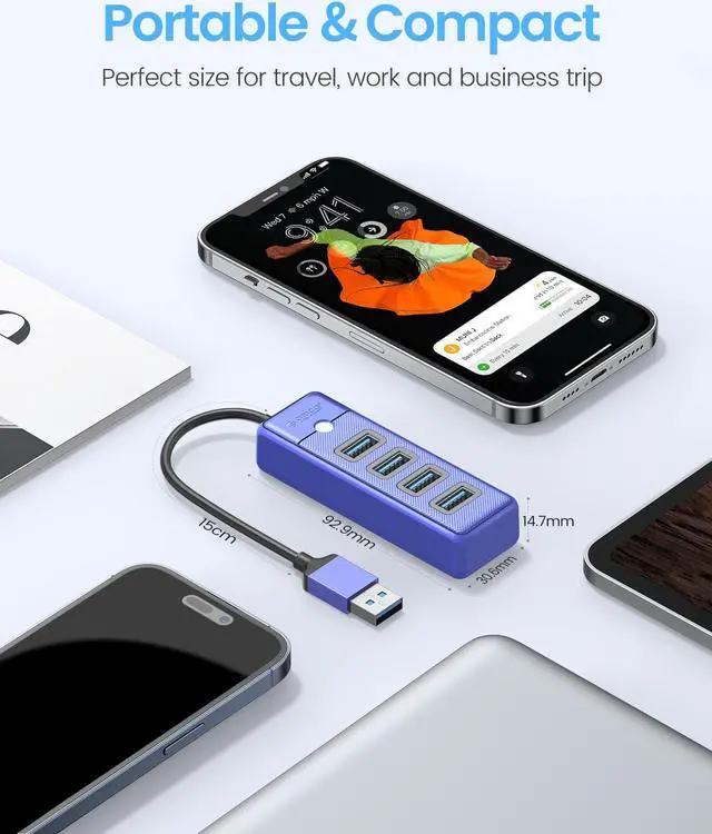 Alt view image 7 of 7 - 4-Port USB HUB 3.0, ORICO USB Splitter for Laptop with 0.5ft Cable, Multi USB Port Expander, Fast Data Transfer Compatible with Mac OS 10.X and Above, Linux, Android-Blue