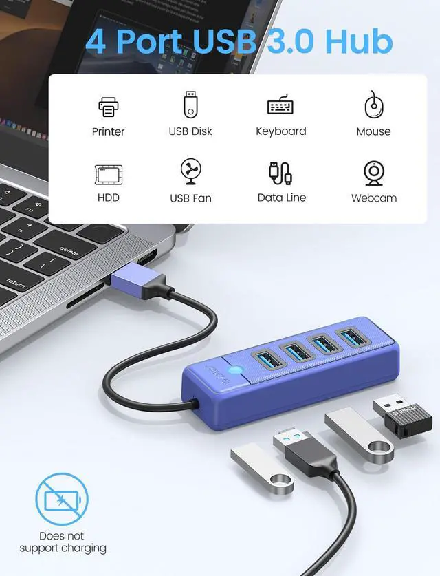 Alt view image 2 of 7 - 4-Port USB HUB 3.0, ORICO USB Splitter for Laptop with 1.65ft Cable, Multi USB Port Expander, Fast Data Transfer Compatible with Mac OS 10.X and Above, Linux, Android-Blue