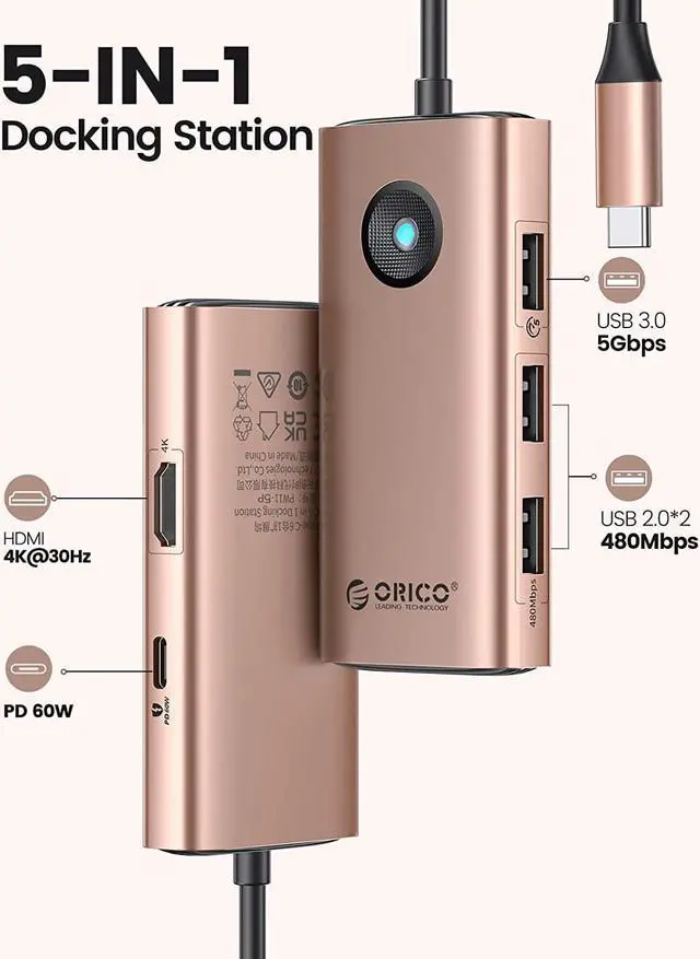 Alt view image 2 of 7 - USB C Hub, ORICO 5-in-1 USB C Docking Station with 4K HDMI-Compatible, 60W Power Delivery, USB 3.0 5 Gbps and 2 USB 2.0 Data Ports USB C Dock for MacBook Air, MacBook Pro, XPS, and More (Gold)