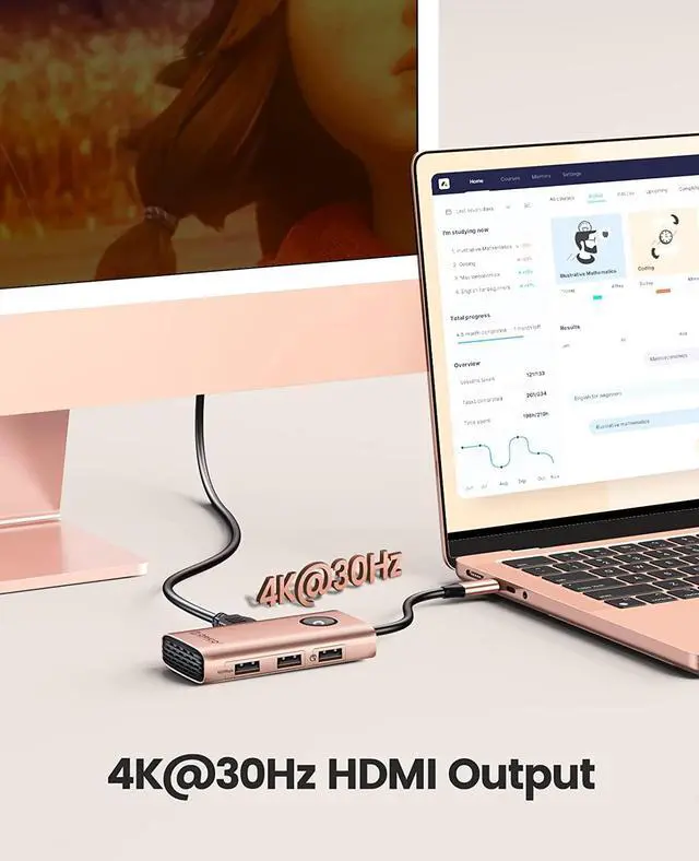 Alt view image 6 of 7 - USB C Hub, ORICO 5-in-1 USB C Docking Station with 4K HDMI-Compatible, 60W Power Delivery, USB 3.0 5 Gbps and 2 USB 2.0 Data Ports USB C Dock for MacBook Air, MacBook Pro, XPS, and More (Gold)