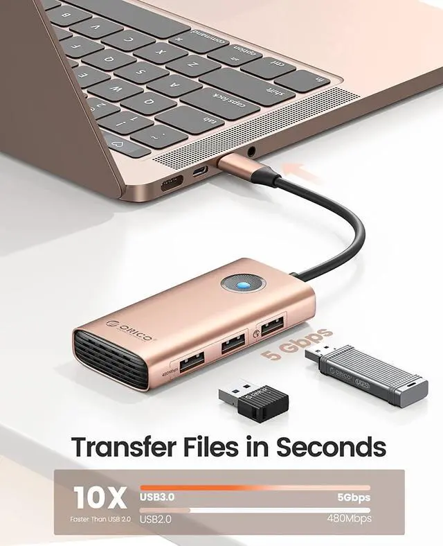 Alt view image 5 of 7 - USB C Hub, ORICO 5-in-1 USB C Docking Station with 4K HDMI-Compatible, 60W Power Delivery, USB 3.0 5 Gbps and 2 USB 2.0 Data Ports USB C Dock for MacBook Air, MacBook Pro, XPS, and More (Gold)