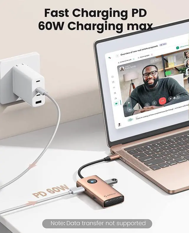 Alt view image 7 of 7 - USB C Hub, ORICO 5-in-1 USB C Docking Station with 4K HDMI-Compatible, 60W Power Delivery, USB 3.0 5 Gbps and 2 USB 2.0 Data Ports USB C Dock for MacBook Air, MacBook Pro, XPS, and More (Gold)