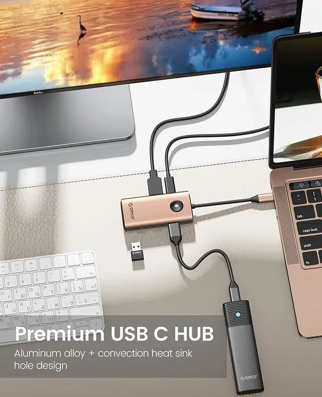 Alt view image 3 of 7 - USB C Hub, ORICO 5-in-1 USB C Docking Station with 4K HDMI-Compatible, 60W Power Delivery, USB 3.0 5 Gbps and 2 USB 2.0 Data Ports USB C Dock for MacBook Air, MacBook Pro, XPS, and More (Gold)