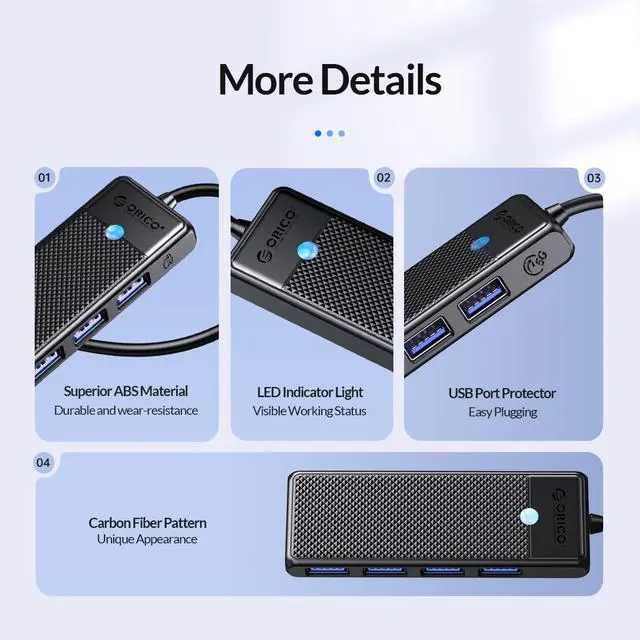 Alt view image 5 of 7 - ORICO 4-Port USB 3.0 Hub, Ultra-Slim Data USB Hub with 0.5ft Extended Cable for Windows,XP, Vista ,Windows, Linux and Mac Desktop or Laptop -Black