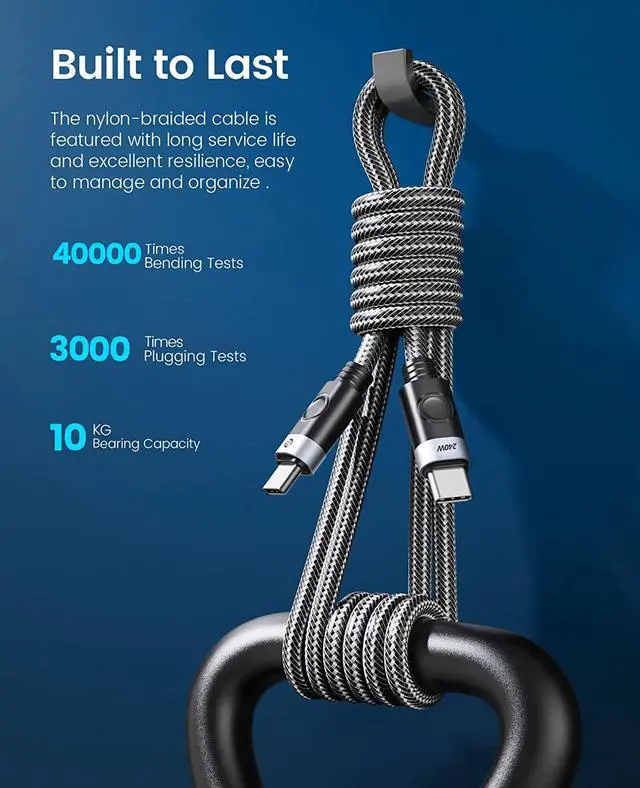 Alt view image 5 of 7 - ORICO USB C to USB C Cable 240W, USB C Cable Fast Charging, Type C to Type C Cable 48V 5A, Braided Nylon Type C Cable Cord with Storage Belt,Compatible with MacBook Pro, iPad Pro,Samsung,Pixel -3.3ft
