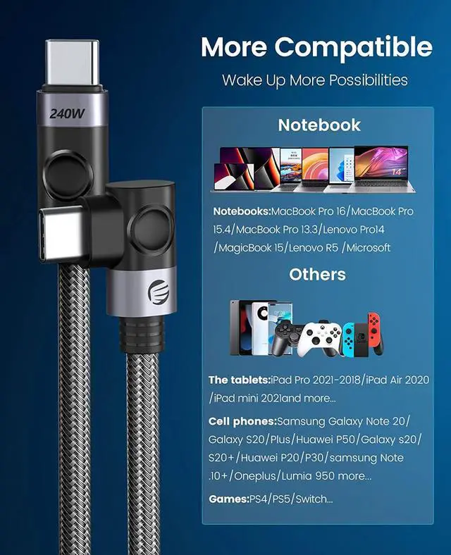 Alt view image 4 of 7 - ORICO USB C to USB C Cable 240W, USB C Cable Fast Charging, Type C to Type C Cable 48V 5A, Braided Nylon Type C Cable Cord with Storage Belt,Compatible with MacBook Pro, iPad Pro,Samsung,Pixel -6.6ft