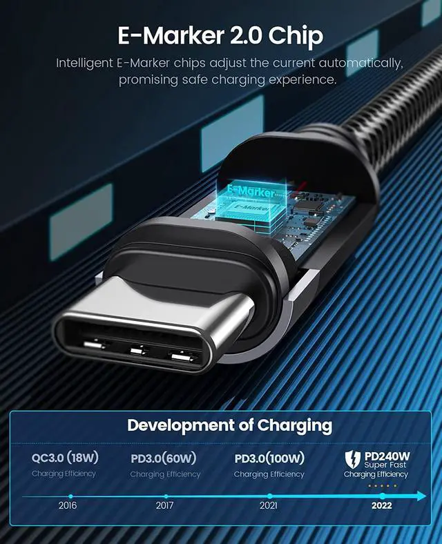 Alt view image 3 of 7 - ORICO USB C to USB C Cable 240W, USB C Cable Fast Charging, Type C to Type C Cable 48V 5A, Braided Nylon Type C Cable Cord with Storage Belt,Compatible with MacBook Pro, iPad Pro,Samsung,Pixel -6.6ft