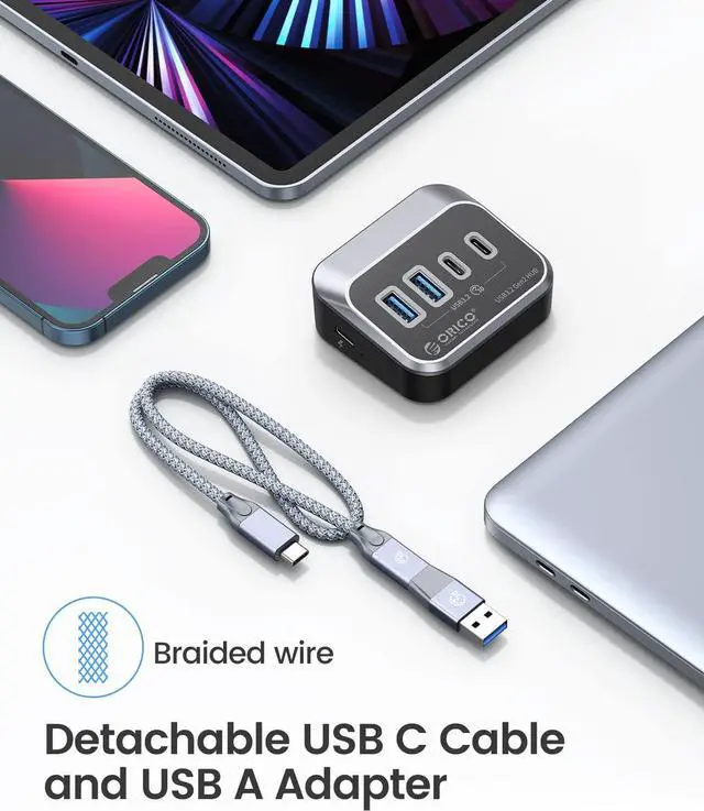 Alt view image 7 of 7 - ORICO USB Hub 10Gbps with 2 USB A Ports+2 USB C Ports, USB 3.2 Gen 2 Hub with 1.64Ft USB-C Cable and USB-A Adapter USB Splitter for iMac, All MacBooks, Mac Mini-Plastic Version