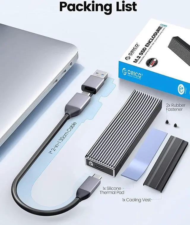 Alt view image 7 of 7 - ORICO M.2 NVMe SSD Enclosure USB 3.2 Gen2 10Gbps Type-C for PCIE NVMe SSD Disk for SSD Size 2230/2242/2260/2280 Support Up to 4TB SSD With Built-in Cooling Vest