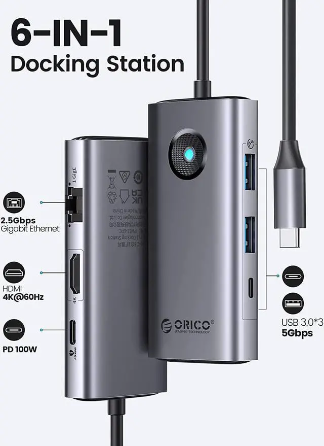 Alt view image 6 of 7 - USB C Hub, ORICO 6-in-1 USB C Docking Station USB C to Ethernet 2.5G Adapter with 4K HDMI, PD 100W, 2 USB 3.0 Port, 1 USB C Port 5 Gbps, 2.5G Ethernet Type C Multiport Adapter for Windows Mac(Grey)