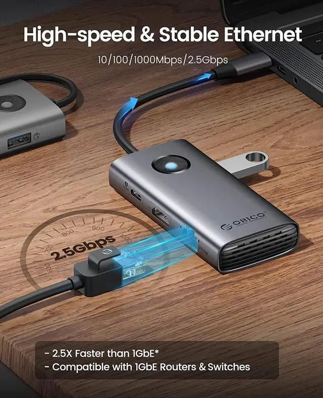 Alt view image 2 of 7 - USB C Hub, ORICO 6-in-1 USB C Docking Station USB C to Ethernet 2.5G Adapter with 4K HDMI, PD 100W, 2 USB 3.0 Port, 1 USB C Port 5 Gbps, 2.5G Ethernet Type C Multiport Adapter for Windows Mac(Grey)