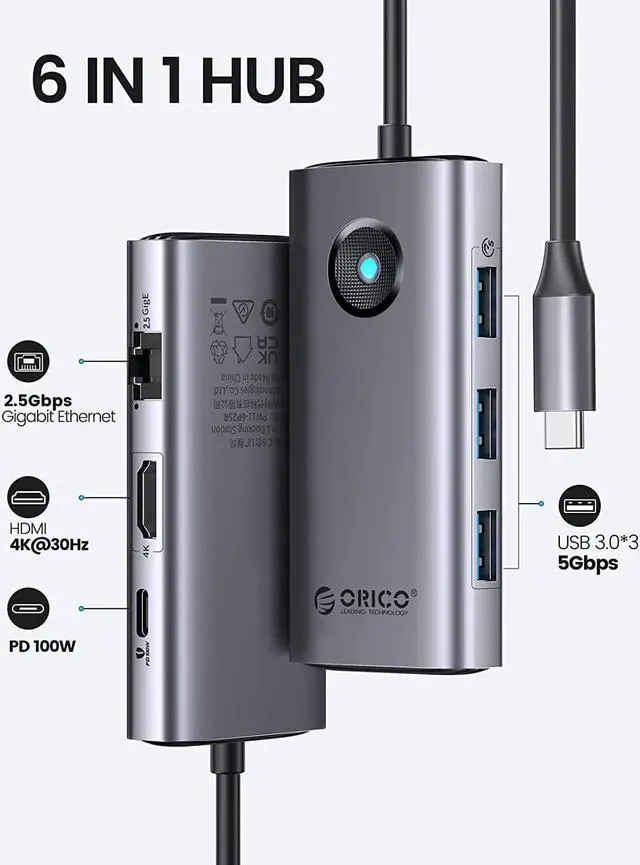Alt view image 2 of 7 - ORICO USB C Docking Station, 6 in 1 USB C to HDMI Adapter with 4K HDMI, 2.5 Gigabit Ethernet, 100W Power Delivery Type C Charging Port & 3 USB 3.0 for Dell/HP/Lenovo/Surface/USB-C(DP Alt) Laptops