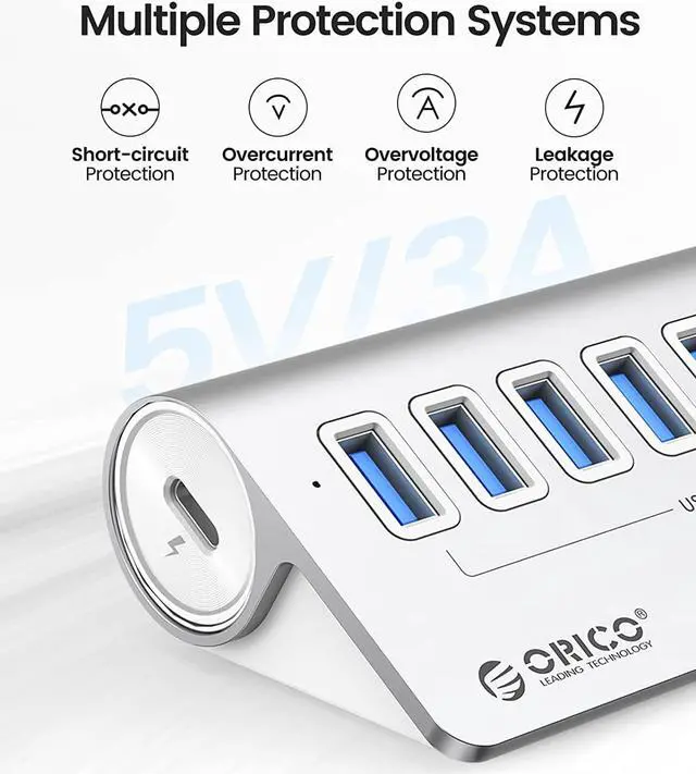Alt view image 6 of 7 - ORICO USB 3.0 Hub Aluminum [5Gbps], 7 Port USB Hub with 1.64Ft USB-C Cable and USB-A Adapter USB Splitter for iMac, All MacBooks, Mac Mini