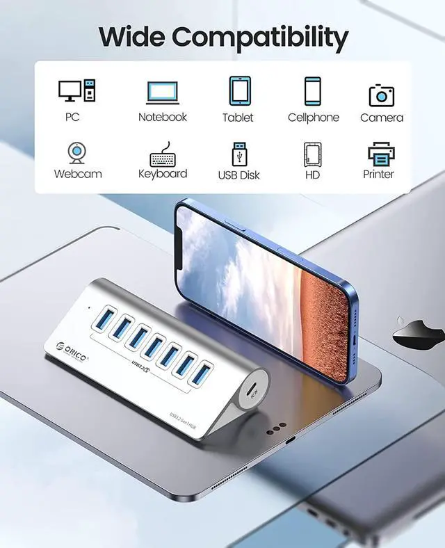 Alt view image 5 of 7 - ORICO USB 3.0 Hub Aluminum [5Gbps], 7 Port USB Hub with 1.64Ft USB-C Cable and USB-A Adapter USB Splitter for iMac, All MacBooks, Mac Mini