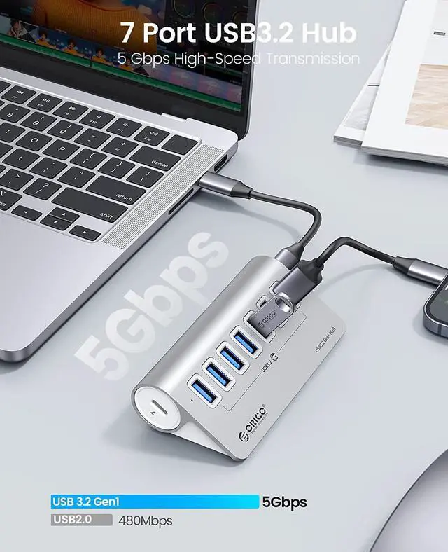 Alt view image 4 of 7 - ORICO USB 3.0 Hub Aluminum [5Gbps], 7 Port USB Hub with 1.64Ft USB-C Cable and USB-A Adapter USB Splitter for iMac, All MacBooks, Mac Mini