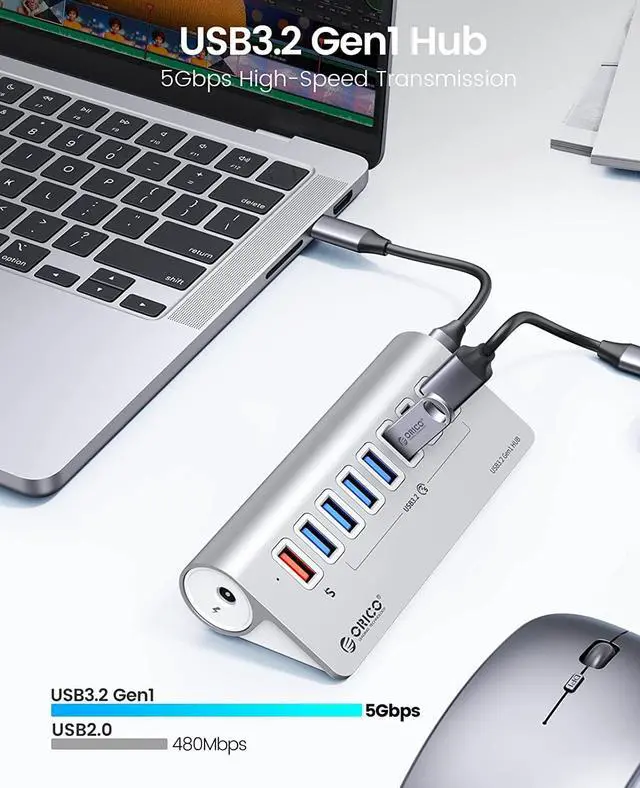 Alt view image 7 of 7 - ORICO USB Hub 3.0 Powered 7 Ports Aluminum USB Hub Splitter [5Gbps] with 7 USB 3.0 Data Ports + 1 Fast Charging Ports 18W(5V/3A;9V/2A;12V/1.5A), 12V3A Power Adapter with 1.64Ft Cable