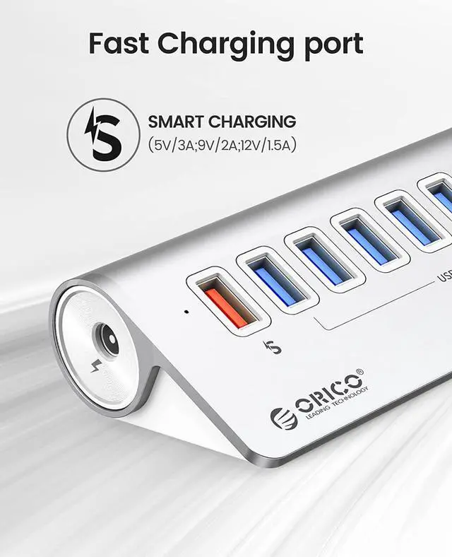 Alt view image 5 of 7 - ORICO USB Hub 3.0 Powered 7 Ports Aluminum USB Hub Splitter [5Gbps] with 7 USB 3.0 Data Ports + 1 Fast Charging Ports 18W(5V/3A;9V/2A;12V/1.5A), 12V3A Power Adapter with 1.64Ft Cable