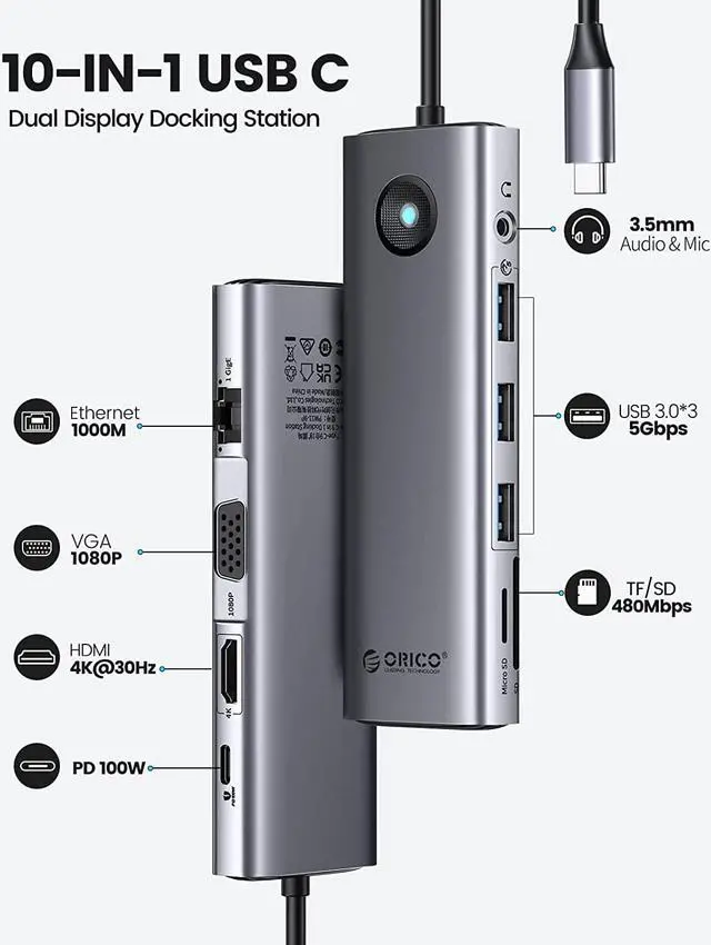Alt view image 2 of 7 - USB C Docking Station Dual Monitor, ORICO 10 in 1 Laptop Docking Station with HDMI 4K, VGA, 3 USB Port, PD 100W, SD&TF, 3.5mm Audio, Gigabit Ethernet Type C Multiport Adapter for Windows Mac(Grey)