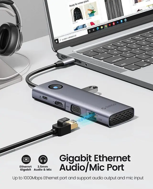 Alt view image 5 of 7 - USB C Docking Station Dual Monitor, ORICO 10 in 1 Laptop Docking Station with HDMI 4K, VGA, 3 USB Port, PD 100W, SD&TF, 3.5mm Audio, Gigabit Ethernet Type C Multiport Adapter for Windows Mac(Grey)