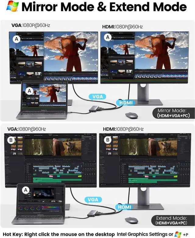 Alt view image 4 of 7 - USB C Docking Station Dual Monitor, ORICO 10 in 1 Laptop Docking Station with HDMI 4K, VGA, 3 USB Port, PD 100W, SD&TF, 3.5mm Audio, Gigabit Ethernet Type C Multiport Adapter for Windows Mac(Gold)
