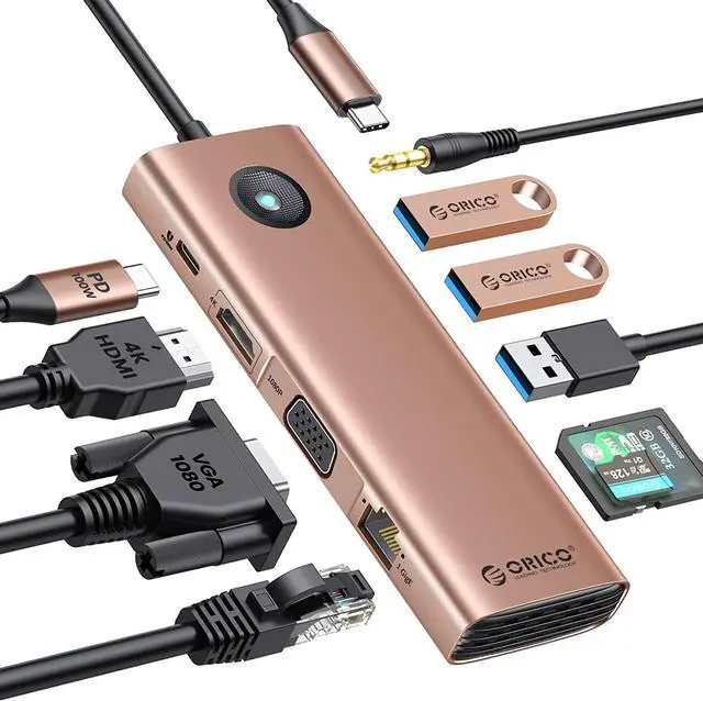 Main image of USB C Docking Station Dual Monitor, ORICO 10 in 1 Laptop Docking Station with HDMI 4K, VGA, 3 USB Port, PD 100W, SD&TF, 3.5mm Audio, Gigabit Ethernet Type C Multiport Adapter for Windows Mac(Gold)