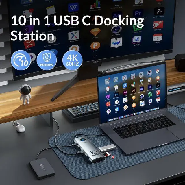 Alt view image 7 of 7 - ORICO 10-in-1 10Gbps USB C Docking Station with USB 3.0 10Gbps 4K60Hz HDMI, 100W Power Delivery, 1000M RJ45 SD/TF Card Reader 3mm Audio Port Data Ports USB C Dock for MacBook Air, MacBook Pro