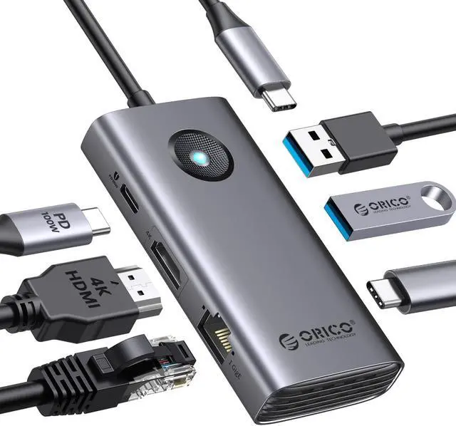 Main image of ORICO USB C Docking Station,6 in 1 USB C Dongle with HDMI-Compatible 4K+PD100W+2×USB3.0+USB C+Ethernet, USB C Hub Multiport Adapter for MacBook/Dell/HP/Surface/Lenovo