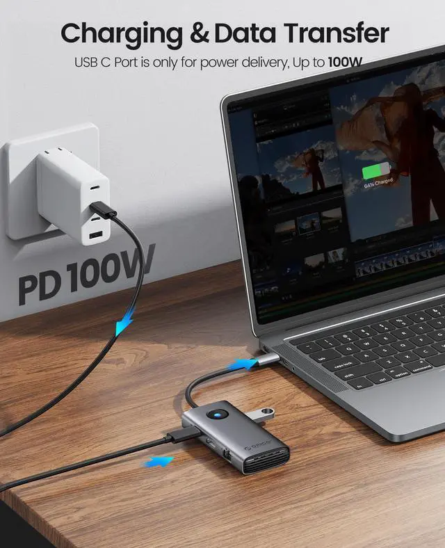 Alt view image 5 of 7 - ORICO USB C Docking Station,6 in 1 USB C Dongle with HDMI-Compatible 4K+PD100W+2×USB3.0+USB C+Ethernet, USB C Hub Multiport Adapter for MacBook/Dell/HP/Surface/Lenovo