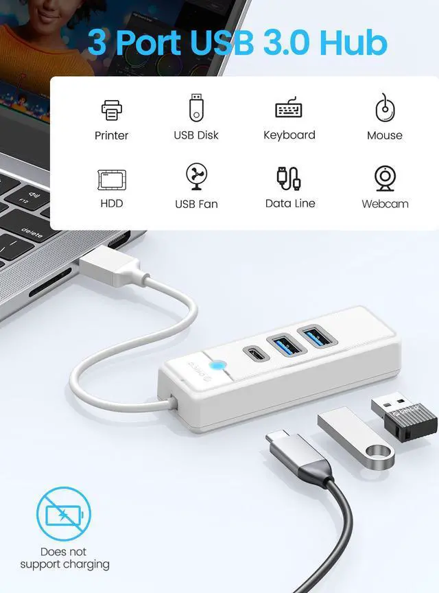 Alt view image 3 of 7 - ORICO USB 3.0 Type C HUB 3 Port 5Gbps High Speed Mini Splitter Portable OTG Adapter For Desk PC Computer Accessories White USB A 15cm