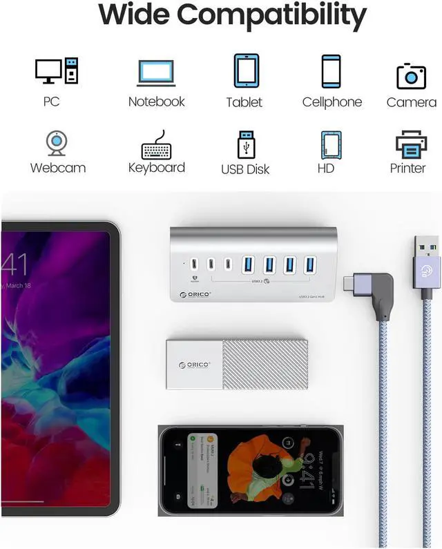 Alt view image 6 of 7 - ORICO Powered USB Hub 10Gbps, 7 Port USB 3.2 Gen 2 Hub with 6 USB 3.2 Data Ports, 1 PD 60W Charging Ports, 24V3A Power Adapter, 3.3Ft C to C Cable and USB-A Adapter, Aluminum USB Data Hub for Laptop