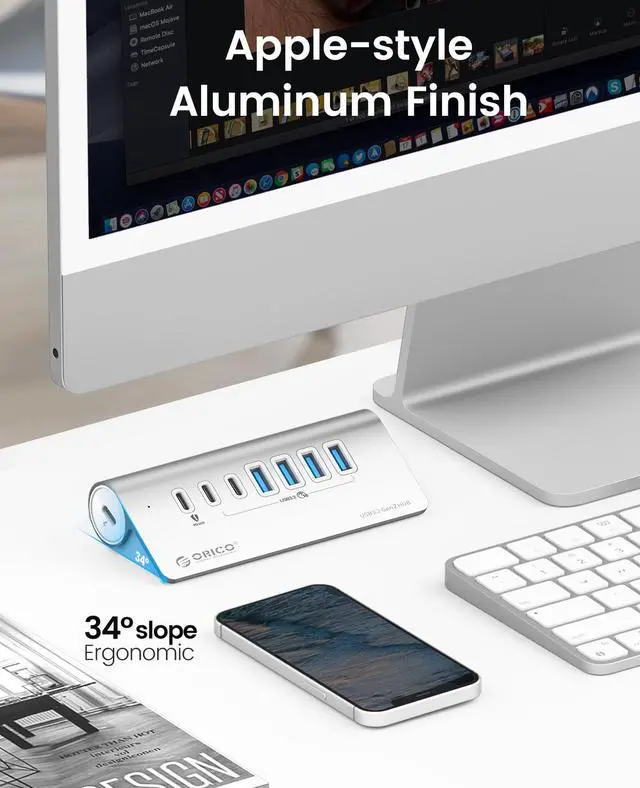 Alt view image 5 of 7 - ORICO Powered USB Hub 10Gbps, 7 Port USB 3.2 Gen 2 Hub with 6 USB 3.2 Data Ports, 1 PD 60W Charging Ports, 24V3A Power Adapter, 3.3Ft C to C Cable and USB-A Adapter, Aluminum USB Data Hub for Laptop