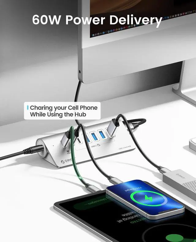 Alt view image 7 of 7 - ORICO Powered USB Hub 10Gbps, 7 Port USB 3.2 Gen 2 Hub with 6 USB 3.2 Data Ports, 1 PD 60W Charging Ports, 24V3A Power Adapter, 3.3Ft C to C Cable and USB-A Adapter, Aluminum USB Data Hub for Laptop