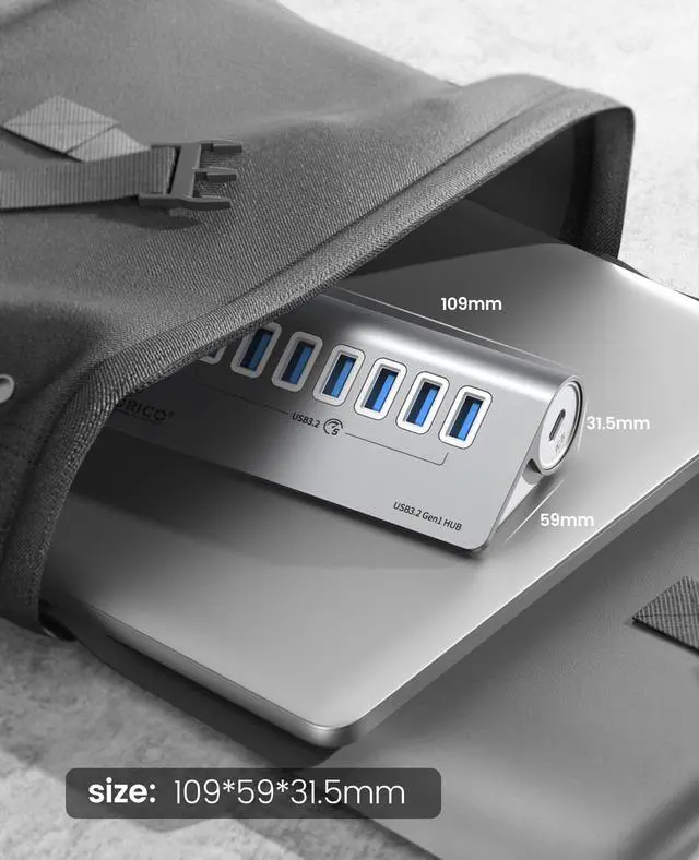 Alt view image 5 of 7 - ORICO Aluminum 7 Port USB 3.2 Hub  [5Gbps]  Power Supply Port, USB-A to USB-C 3.3Ft Cable , USB Splitter for iMac, All MacBooks, Mac Mini