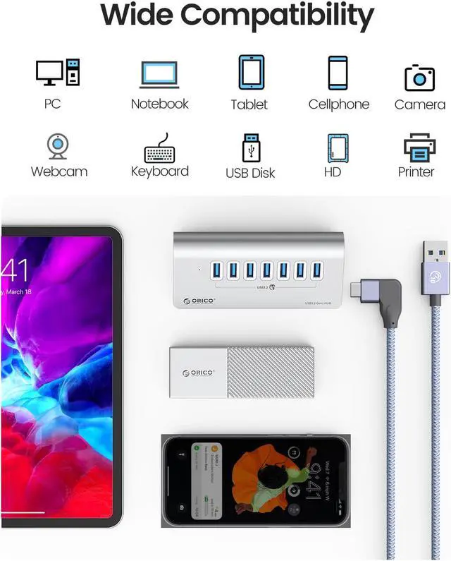 Alt view image 6 of 7 - ORICO Aluminum 7 Port USB 3.2 Hub  [5Gbps]  Power Supply Port, USB-A to USB-C 3.3Ft Cable , USB Splitter for iMac, All MacBooks, Mac Mini