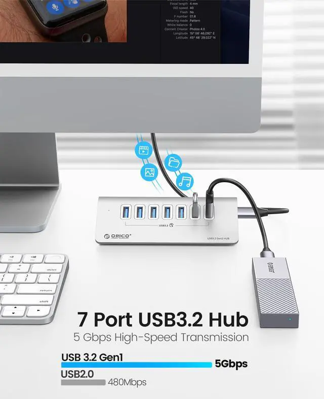 Alt view image 2 of 7 - ORICO Aluminum 7 Port USB 3.2 Hub  [5Gbps]  Power Supply Port, USB-A to USB-C 3.3Ft Cable , USB Splitter for iMac, All MacBooks, Mac Mini