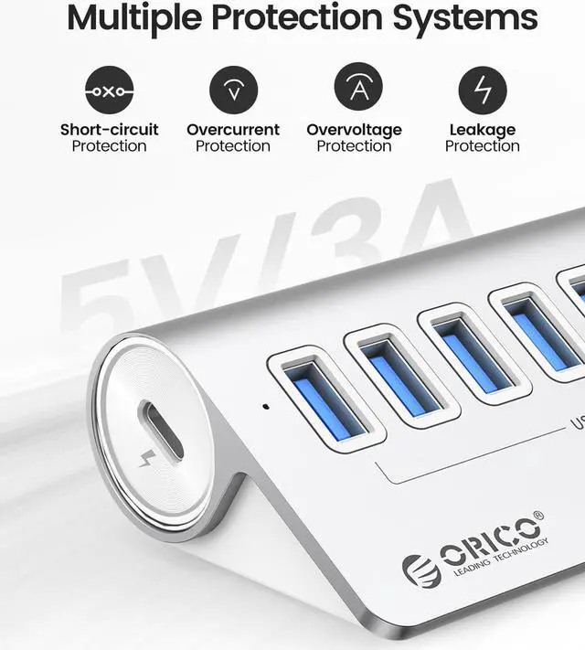 Alt view image 7 of 7 - ORICO Aluminum 7 Port USB 3.2 Hub  [5Gbps]  Power Supply Port, USB-A to USB-C 3.3Ft Cable , USB Splitter for iMac, All MacBooks, Mac Mini