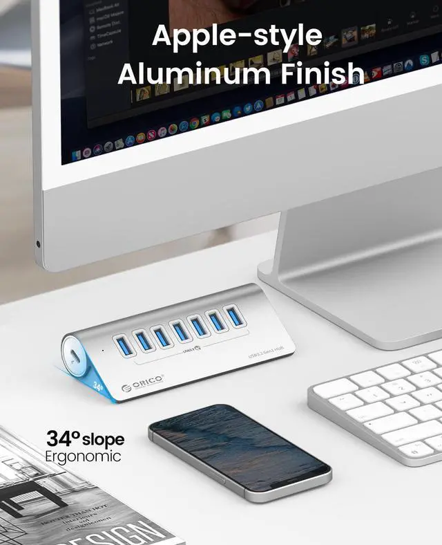 Alt view image 4 of 7 - ORICO Aluminum 7 Port USB 3.2 Hub  [5Gbps]  Power Supply Port, USB-A to USB-C 3.3Ft Cable , USB Splitter for iMac, All MacBooks, Mac Mini
