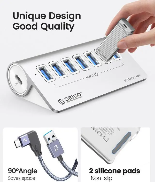 Alt view image 3 of 7 - ORICO Aluminum 7 Port USB 3.2 Hub  [5Gbps]  Power Supply Port, USB-A to USB-C 3.3Ft Cable , USB Splitter for iMac, All MacBooks, Mac Mini