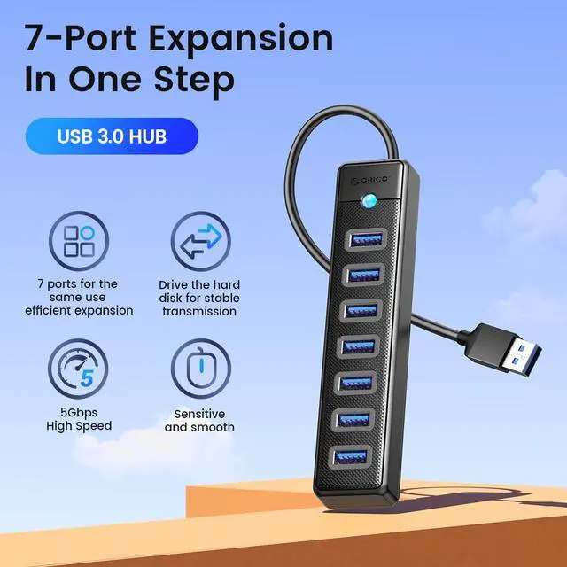 Alt view image 2 of 7 - ORICO 7-Port USB 3.0 HUB, Ultra-Slim Data USB Hub with 3.3ft Extended Cable for Windows,XP, Vista ,Windows, Linux and Mac Desktop or Laptop -Black