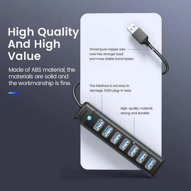 Alt view image 5 of 7 - ORICO 7-Port USB 3.0 HUB, Ultra-Slim Data USB Hub with 3.3ft Extended Cable for Windows,XP, Vista ,Windows, Linux and Mac Desktop or Laptop -Black