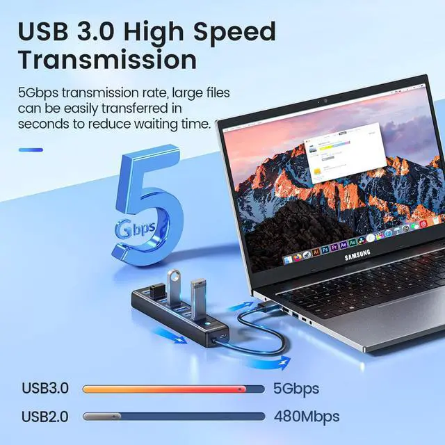 Alt view image 4 of 7 - ORICO 7-Port USB 3.0 HUB, Ultra-Slim Data USB Hub with 3.3ft Extended Cable for Windows,XP, Vista ,Windows, Linux and Mac Desktop or Laptop -Black