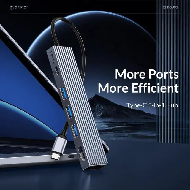 Alt view image 2 of 7 - ORICO 5-in-1 10Gbps USB C HUB With PD 100W USB 3.2 & Type C USB3.0 2.0 Ultra-Slim Data HDMI-Compatible 4K@60Hz-USB Hub for MacBook, Mac Pro, Mac mini, iMac Aluminum